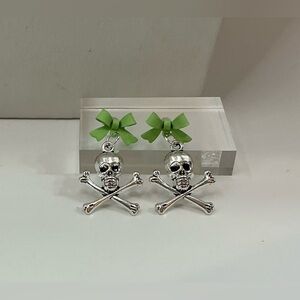 SILVER TONE GIRLY SKULL CROSSBONES GREEN BOW EARRINGS HANDMADE PASTEL GOTH PUNK